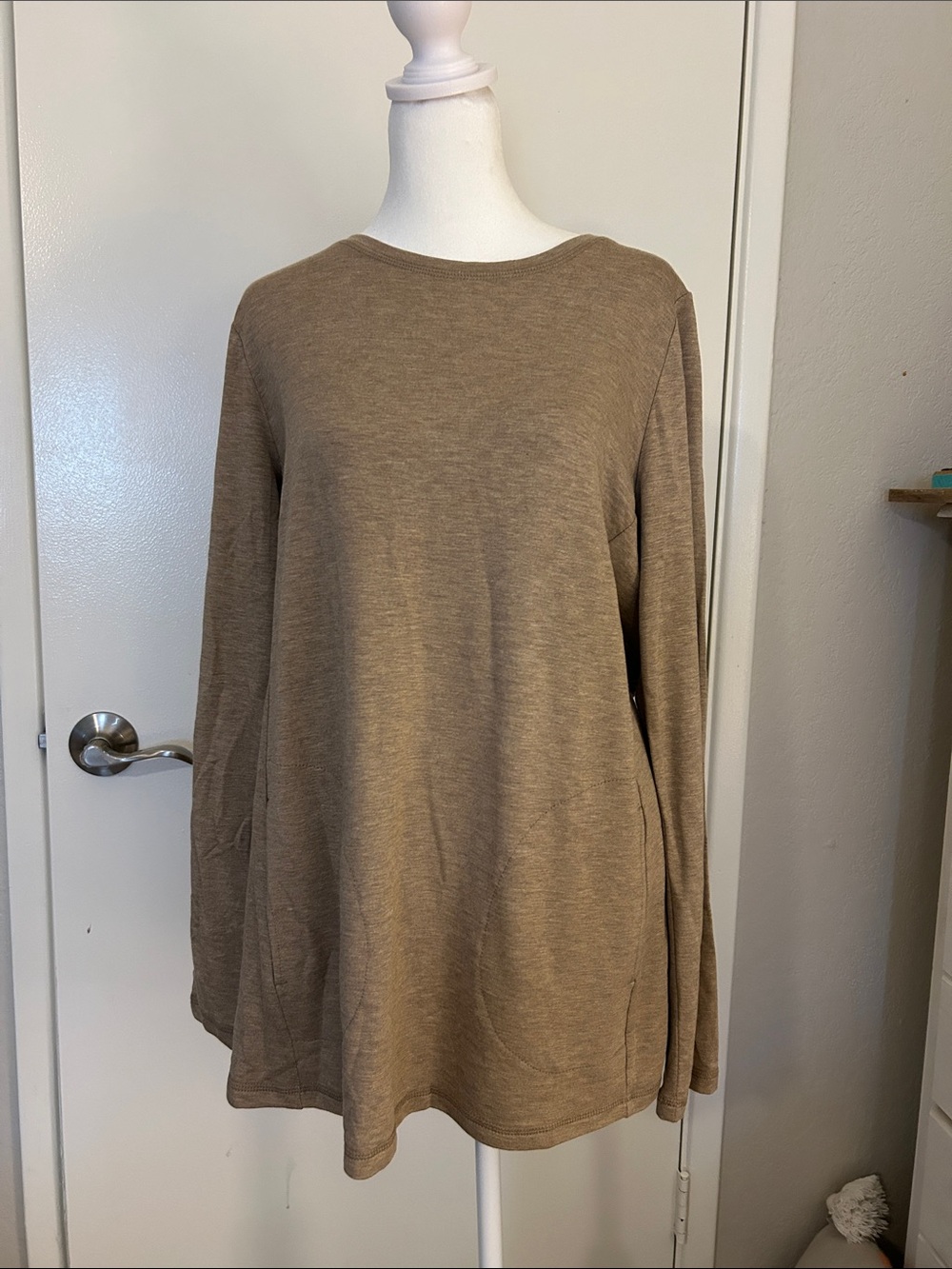 Susan GraverLong Sleeve Casual Pullover Top in Tan front pockets